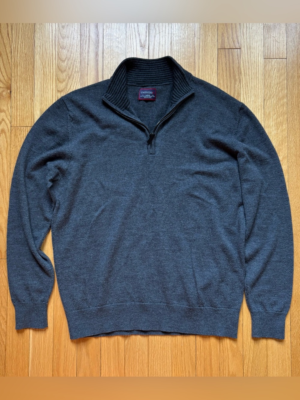 UNTUCKit Men’s 1/4 Zip 100% Fine Merino Wool Sweater Large Dark Gray Solid